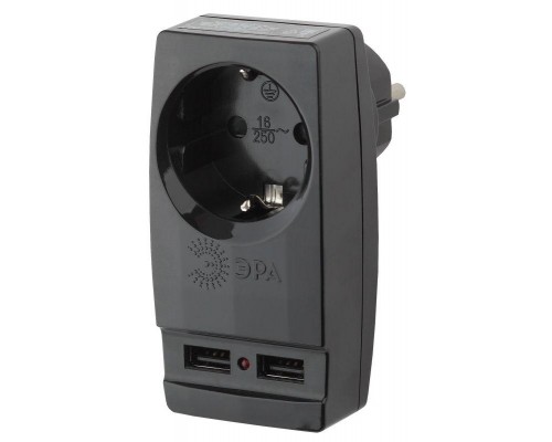 Адаптер SP-1e-USB-B Polynom 1-м 220В + 2хUSB 2100мА c зазeмл. черн. ЭРА Б0026333