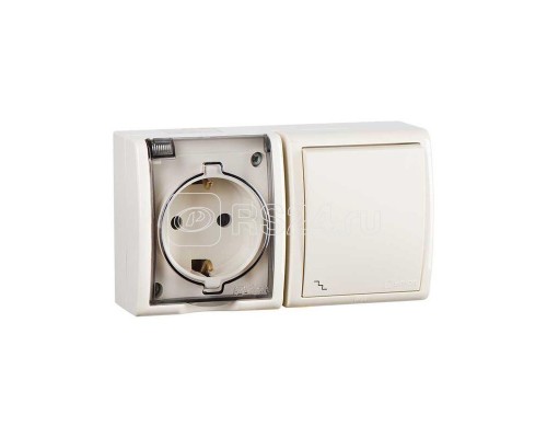 Блок 2-м СП розетка 2P+E Schuko 16А 250В + выкл. проходной 10А 250В IP54 сл. кость Simon15 Aqua 1594516-031