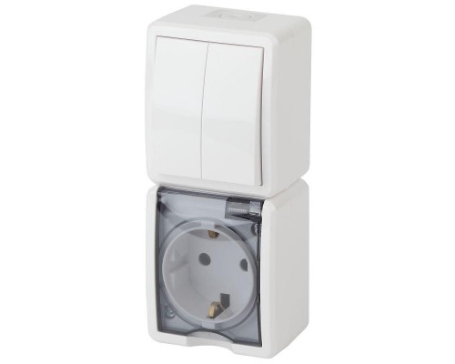 Блок розетка+выкл. ОП Эра Эксперт 11-7408-01 16А(10AX)-250В двойн. верт. IP54 бел. ЭРА Б0036006