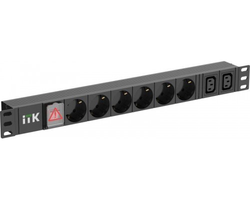 Блок розеток 6-м PDU немец. станд. + 2 С13 LED 1U вх. С14 алюм. ITK PH12-6D2C133