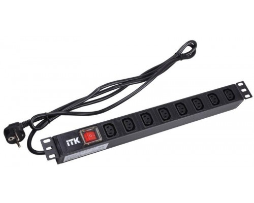 Блок розеток 8 мест PDU (немец. станд) 19дюймов IEC320 C13 PH12-8C131 с LED выкл. алюм. профиль1U шнур 2м вилка DIN49440 ITK PH12-8C131