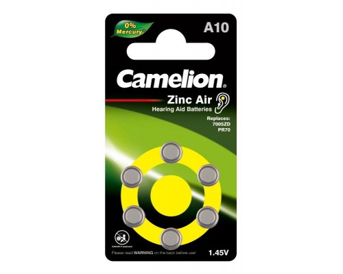 Элемент питания для слуховых аппаратов ZA10 Mercury Free A10-BP6(0%Hg) 1.4В 90мА.ч BL-6 (блист.6шт) Camelion 12823