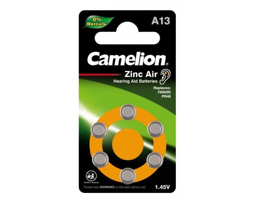 Элемент питания для слуховых аппаратов ZA13 Mercury Free A13-BP6 (0%Hg) 1.4В 280мА.ч BL-6 (блист.6шт) Camelion 12824