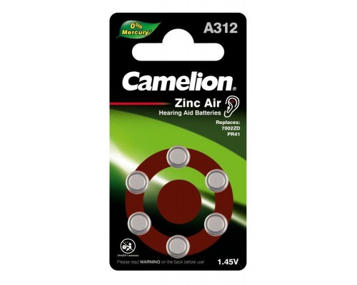 Элемент питания для слуховых аппаратов ZA312 Mercury Free A312-BP6(0%Hg) 1.4В 170мА.ч BL-6 (блист.6шт) Camelion 12825