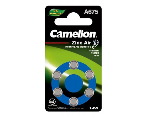 Элемент питания для слуховых аппаратов ZA675 Mercury Free A675-BP6(0%Hg) 1.4В 620мА.ч BL-6 (блист.6шт) Camelion 12826