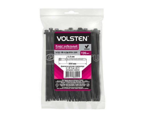 Хомут V02-1B-4.8х300-100 4.8х300 нейл. черн. (уп.100шт) Volsten 12965