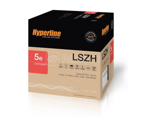Кабель SFUTP4-C5E-S24-IN-LSZH-GY-305 витая пара SF/UTP кат. 5e; 4 пары (24 AWG) ож (solid) экран - фольга + медная оплетка LSZH (-20град.C - +75град.C) сер. (уп.305м) Hyperline 246264