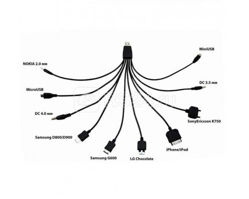Кабель USB 10 в 1 microUSB/miniUSB/30 pin/LG Chocolate/Samsung/SonyEricsson/DC 3.5/DC 4.0/Nokia Rexant 18-1196