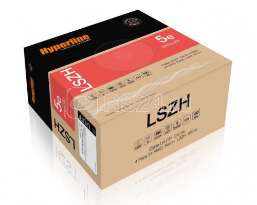 Кабель витая пара UUTP4-C5E-P24-IN-LSZH-YL-100 U/UTP кат.5e 4 пары (24 AWG) мж (patch) LSZH нг(С)-HF желт. (уп.100м) Hyperline 243608