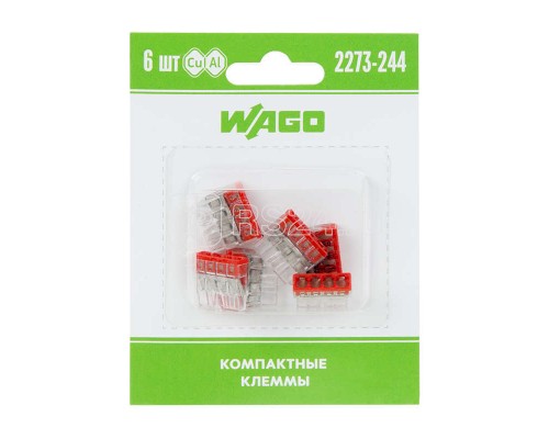 Клемма 4-х проводн. для распред. короб. (с контактн. пастой Alu-Plus) 2273-244 (уп.6шт) WAGO 07-5143-06