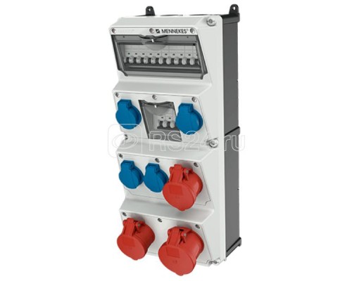 Комбинация розеток AMAXX 4хSCHUKO16А 2хСЕЕ16А6ч5п 1хСЕЕ32А5п с защитой 225х520х221мм IP44 черн./сер. MENNEKES 940012R