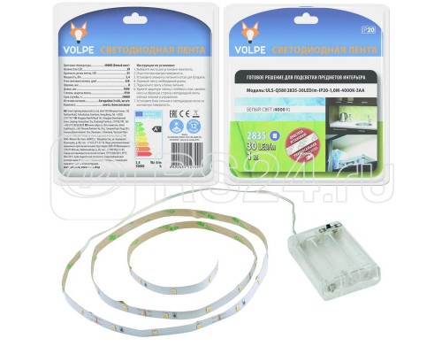 Комплект светодиодной ленты ULS-Q580 2835-30LED/m-IP20-1.0M-4000К-3AA на самоклеящейся основе 1м IP20 батарейки 3АА (в компл. не входят) Volpe UL-00006535