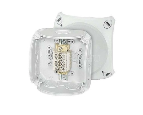 Коробка ответвительная 104х104х70мм с рядн. клеммами пломбируемая RK 0405 T для внутр. или защищ. установки; 7 мембран. вводов (9-17мм); 1 мембр. вв HENSEL 62000174