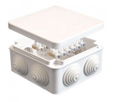 Коробка распределительная ОП 105х105х56мм IP54 с клемм. 7 выходов 4 гермоввода 10А 12 контактов крышка защелкивающаяся бел. Epplast 100013