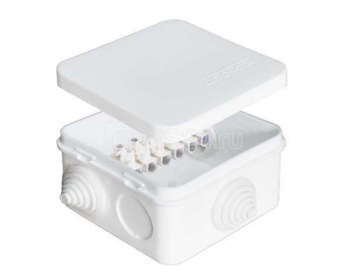Коробка распределительная ОП 75х75х45мм IP54 с клемм. 7 выходов 3 гермоввода 10А 6 контактов крышка защелкивающаяся бел. Epplast 220323