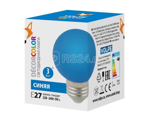 Лампа декоративная светодиод. LED-G60-3W/BLUE/E27/FR/С Шармат упак. картон син. Volpe UL-00006957