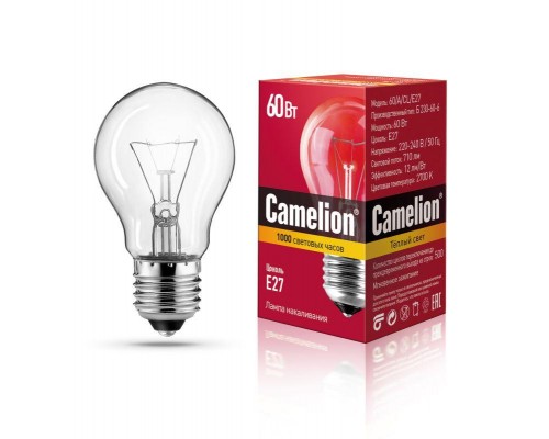 Лампа накаливания A CL 60Вт E27 220-240В Camelion 7277