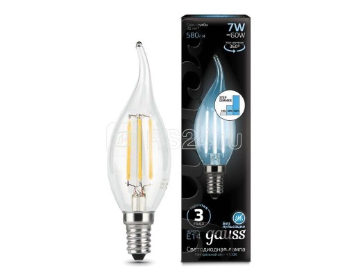 Лампа светодиодная Black Filament Candle tailed 7Вт 4100К E14 step dimmable Gauss 104801207-S