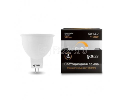Лампа светодиодная Black MR16 5Вт 3000К тепл. бел. GU5.3 500лм 180-265В диммир. Gauss 101505105-D