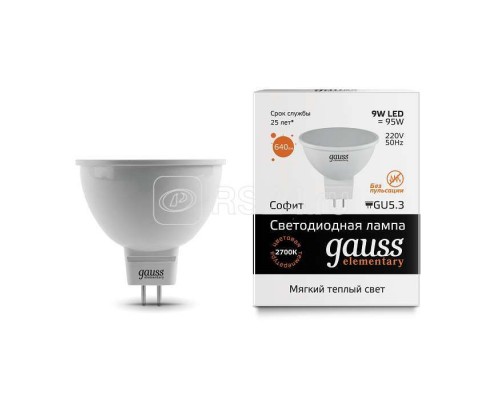 Лампа светодиодная Elementary MR16 GU5.3 9Вт 3000К Gauss 13519