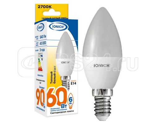 Лампа светодиодная ILED-SMD2835-C37-6-540-230-2.7-E14 C37 6Вт Свеча 2700К тепл. бел. Е14 230В IONICH 1630