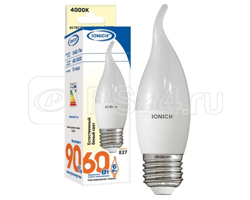 Лампа светодиодная ILED-SMD2835-CW37-6-540-230-4-E27 CW37 6Вт Свеча на ветру 4000К бел. E27 230В IONICH 1634