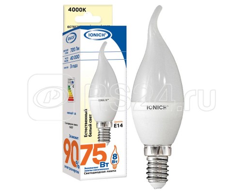 Лампа светодиодная ILED-SMD2835-CW37-8-720-230-4-E14  CW37 8Вт Свеча на ветру 4000К бел. Е14 230В IONICH 1637
