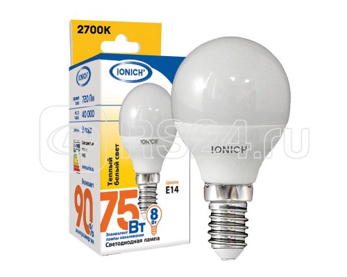 Лампа светодиодная ILED-SMD2835-P45-8-720-230-2.7-E14 P45 8Вт Шар 2700К тепл. бел. Е14 230В IONICH 1642
