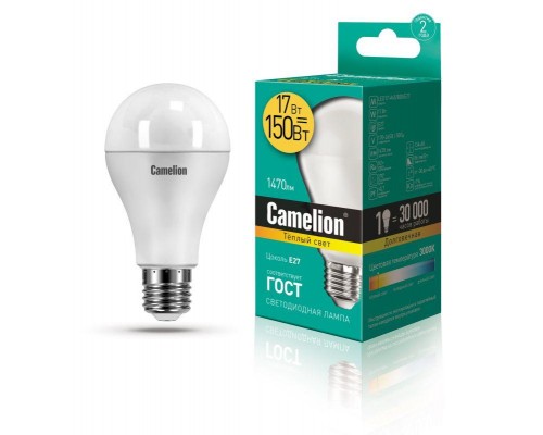 Лампа светодиодная LED17-A65/830/E27 17Вт грушевидная 3000К тепл. бел. E27 1470лм 170-265В Camelion 12308