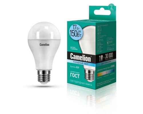 Лампа светодиодная LED17-А65/845/E27 17Вт грушевидная 4500К бел. E27 1530лм 170-265В Camelion 12309