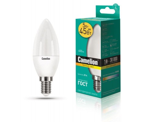 Лампа светодиодная LED5-C35/830/E14 5Вт свеча 3000К тепл. бел. E14 390лм 220-240В Camelion 12031