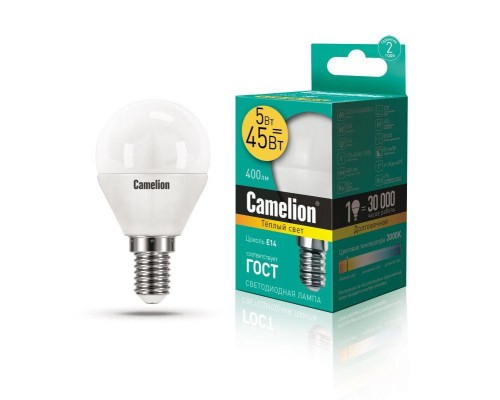 Лампа светодиодная LED5-G45/830/E14 5Вт шар 3000К тепл. бел. E14 390лм 220-240В Camelion 12027