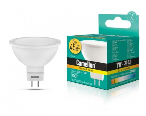 Лампа светодиодная LED5-MR16/830/GU5.3 5Вт 3000К тепл. бел. GU5.3 370лм 12В Camelion 12025