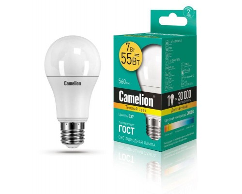 Лампа светодиодная LED7-A60/830/E27 7Вт грушевидная 3000К тепл. бел. E27 490лм 220-240В Camelion 11253
