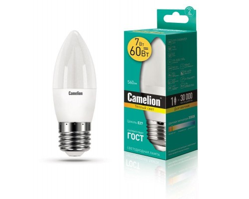 Лампа светодиодная LED7-C35/830/E27 7Вт свеча 3000К тепл. бел. E27 530лм 220В Camelion 12077