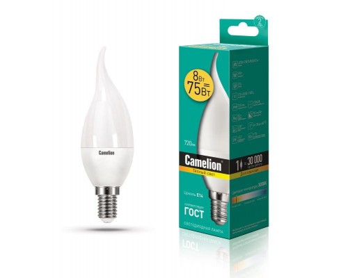 Лампа светодиодная LED8-CW35/830/E14 8Вт свеча на ветру 3000К тепл. бел. E14 720лм 220В Camelion 12387