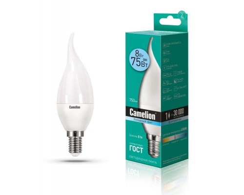 Лампа светодиодная LED8-CW35/845/E14 8Вт свеча на ветру 4500К бел. E14 750лм 220В Camelion 12388