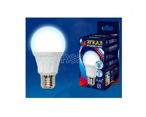 Лампа светодиодная LED-A60 8W/DW/E27/FR грушевидная PLP01WH форма А мат. серия ЯРКАЯ свет дневной 6500К упак. картон Uniel UL-00002003