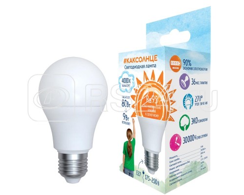 Лампа светодиодная LED-A60-9W/4000K/E27/FR/RA95 PLK01WH мат. как солнце упак. картон Uniel UL-00006504