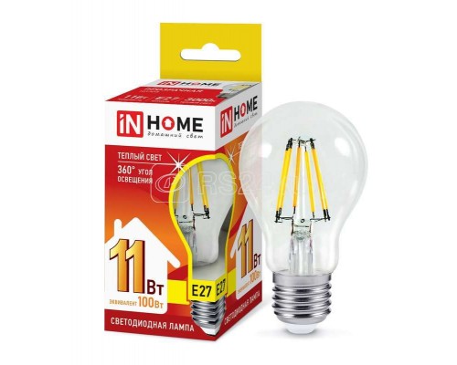 Лампа светодиодная LED-A60-deco 11Вт 230В Е27 3000К 990лм прозр. IN HOME 4690612026121