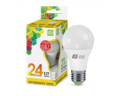 Лампа светодиодная LED-A60-standard 24Вт грушевидная 230В E27 3000К 2160лм ASD 4690612014265