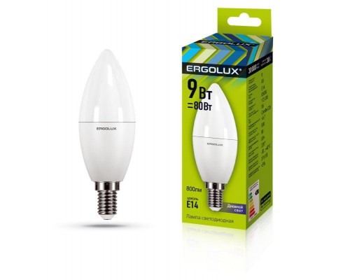 Лампа светодиодная LED-C35-9W-E14-6К Свеча 9Вт E14 6500К 172-265В Ergolux 13169