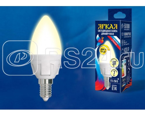 Лампа светодиодная LED-C37 7W/3000K/E14/FR/DIM PLP01WH Яркая 7Вт свеча 3000К тепл. бел. диммир. мат. картон Uniel UL-00004296