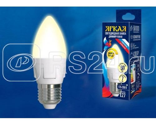 Лампа светодиодная LED-C37 7W/3000K/E27/FR/DIM PLP01WH Яркая 7Вт свеча 3000К тепл. бел. диммир. мат. картон Uniel UL-00004297