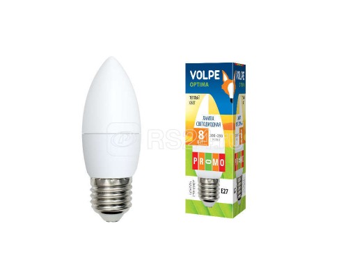 Лампа светодиодная LED-C37-8W/WW/E27/FR/O форма свеча мат. Optima свет теплый бел. 3000К упак. картон Volpe UL-00001770