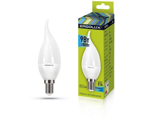 Лампа светодиодная LED-CA35-9W-E14-6K Свеча на ветру 9Вт E14 6500К 180-240В Ergolux 14233