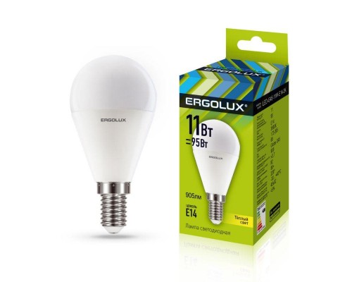 Лампа светодиодная LED-G45-11W-E14-3K Шар 11Вт E14 3000К 172-265В Ergolux 13627