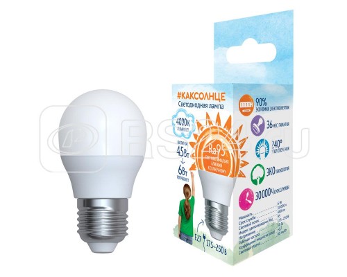 Лампа светодиодная LED-G45-6W/4000K/E27/FR/RA95 PLK01WH мат. как солнце упак. картон. Uniel UL-00006533