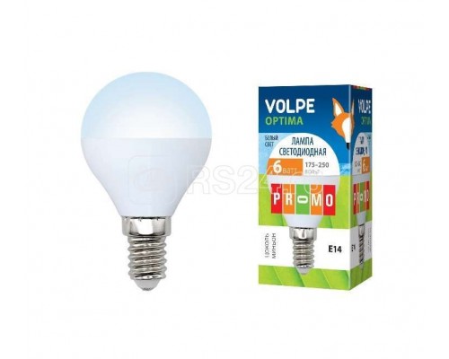 Лампа светодиодная LED-G45-6W/NW 6Вт шар 4500К бел. E14 450лм 175-250В Volpe 10215
