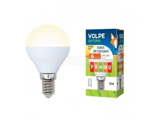 Лампа светодиодная LED-G45-6W/WW 6Вт шар 3000К тепл. бел. E14 450лм 175-250В Volpe 10217